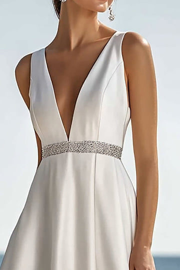 Sparkly Ivory Deep V-Neck A Line Boho Maxi Dress